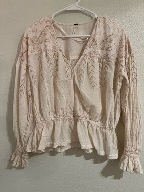 Free People Cream Embroidered Peasant Blouse